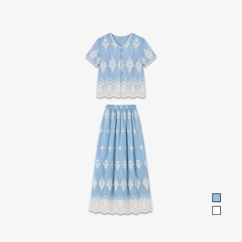 YFS Embroidered V-Neck Top & Maxi Skirt Set